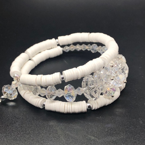 Hand Crafted Jewelry - Hand Crafted Multi Clay Beads & Clear Crystals Coil Memory Wire Strand Bracelet